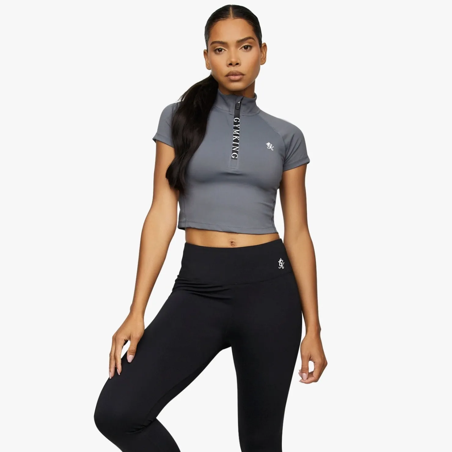 Tops & T-Shirts<Gym King Short Sleeve Taped Crop Funnel Dark Grey