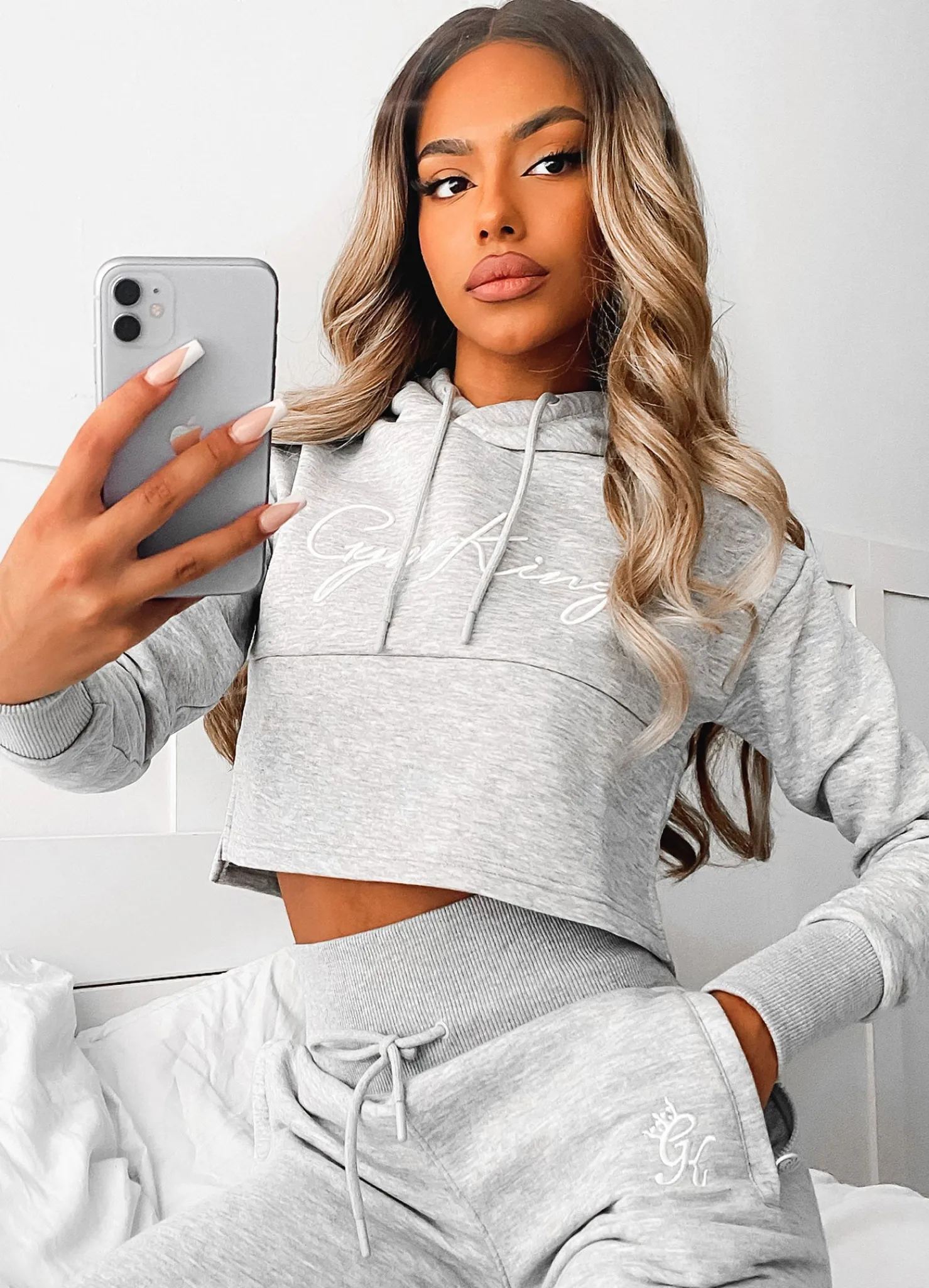 Hoodies<Gym King Sky Script Cropped Hoodie Grey Marl