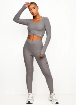 Tops & T-Shirts<Gym King Transition Rib Long Sleeve Crop Gun Metal